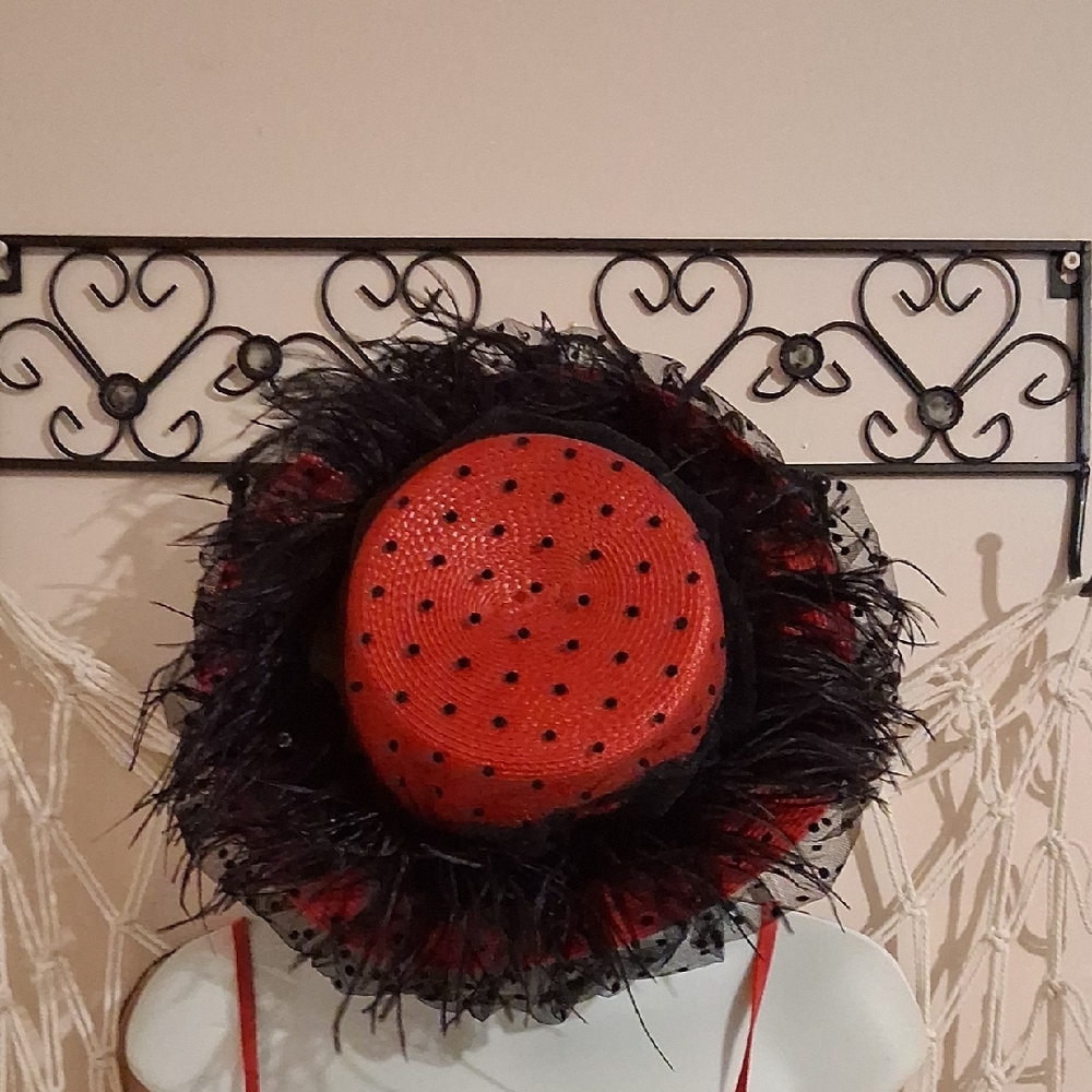 Red and Black Feathered Dot Fascinator Hat
